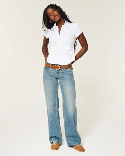 Hollister Short-sleeve Stretch Poplin Button-through Shirt In White