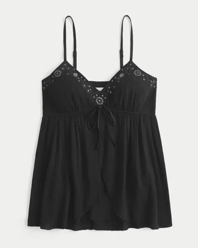 Hollister Crinkle Shine Flyaway Babydoll Top In Black