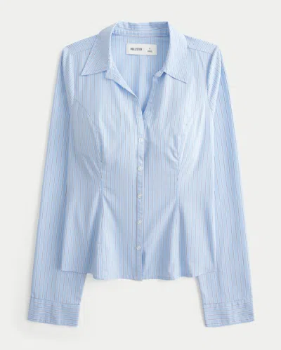 Hollister Stretch Poplin Button-through Shirt In Blue