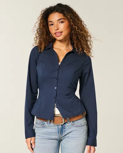 Hollister Stretch Poplin Button-through Shirt In Blue