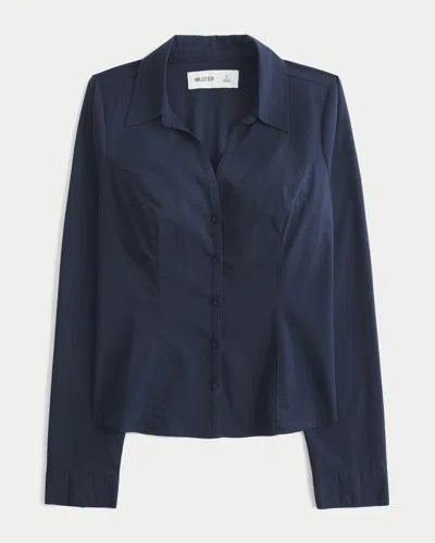 Hollister Stretch Poplin Button-through Shirt In Blue
