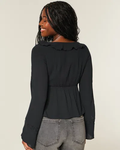 Hollister Easy Long-sleeve Ruffle Babydoll Top In Black