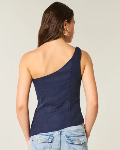 Hollister Linen-blend One-shoulder Top In Blue