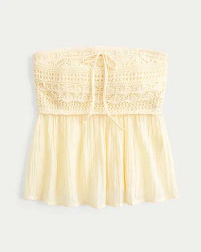 Hollister Easy Strapless Crochet Mix Babydoll Top In Neutral