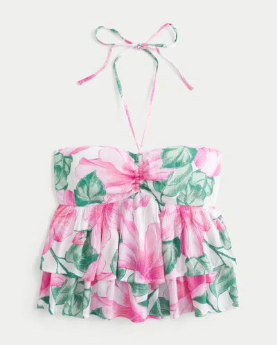 Hollister Tiered Halter Babydoll Top In Pink