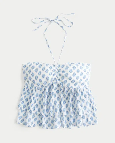 Hollister Tiered Halter Babydoll Top In Blue