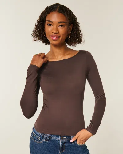 Hollister Long-sleeve Seamless Fabric Slash-neck Top In Brown