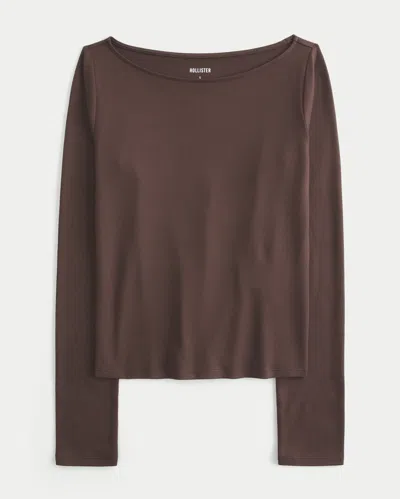 Hollister Long-sleeve Seamless Fabric Slash-neck Top In Brown