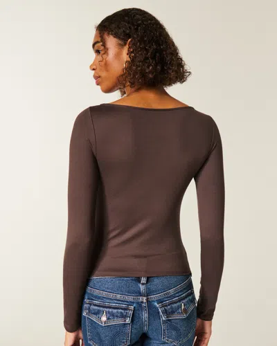 Hollister Long-sleeve Seamless Fabric Slash-neck Top In Brown