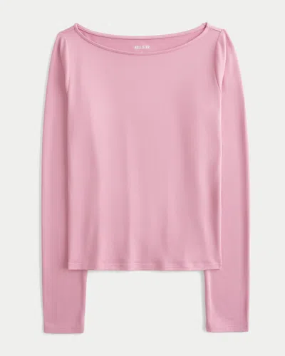 Hollister Long-sleeve Seamless Fabric Slash-neck Top In Pink