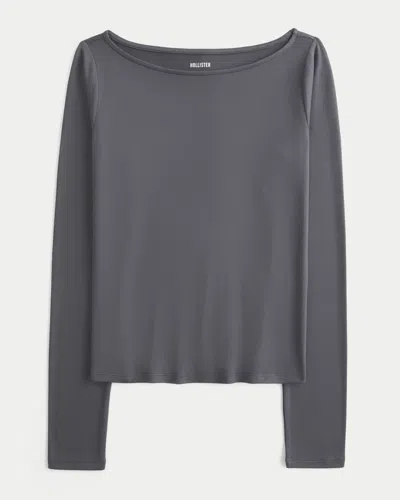 Hollister Long-sleeve Seamless Fabric Slash-neck Top In Gray