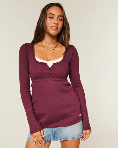 Hollister Easy Tie-back Henley Babydoll Top In Burgundy