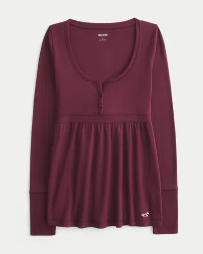 Hollister Easy Tie-back Henley Babydoll Top In Burgundy