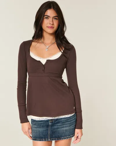 Hollister Easy Tie-back Henley Babydoll Top In Brown