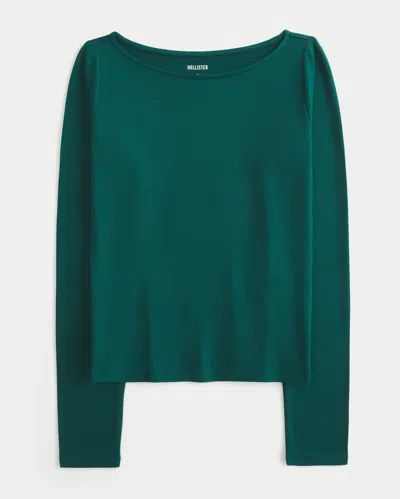 Hollister Long-sleeve Seamless Fabric Slash-neck Top In Green