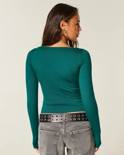 Hollister Long-sleeve Seamless Fabric Slash-neck Top In Green