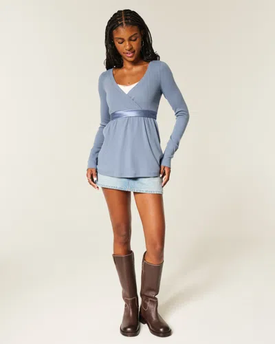 Hollister Easy Long-sleeve Wrap-front Babydoll Top In Blue