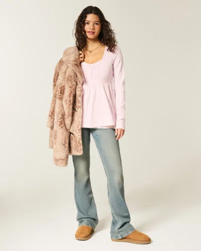 Hollister Long-sleeve Henley Babydoll Top In Pink