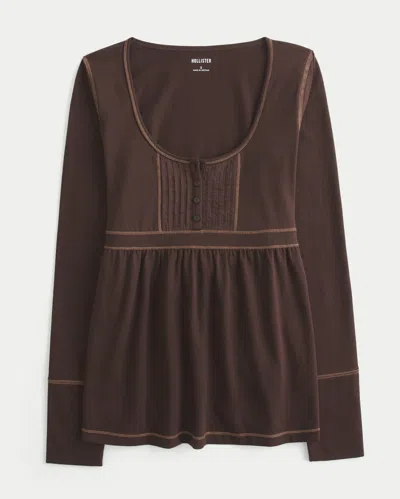 Hollister Long-sleeve Henley Babydoll Top In Brown