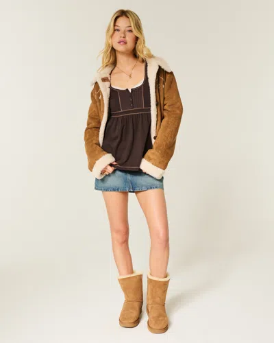 Hollister Long-sleeve Henley Babydoll Top In Brown
