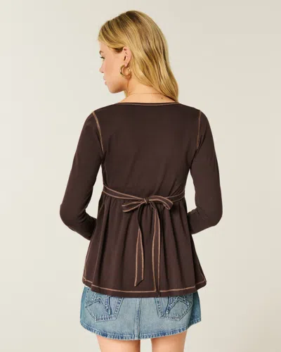 Hollister Long-sleeve Henley Babydoll Top In Brown