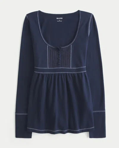 Hollister Long-sleeve Henley Babydoll Top In Blue