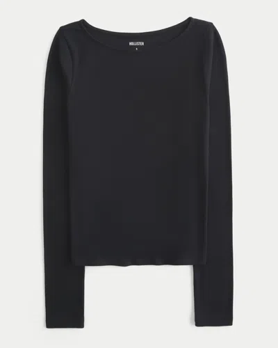 Hollister Long-sleeve Slash-neck Top In Black