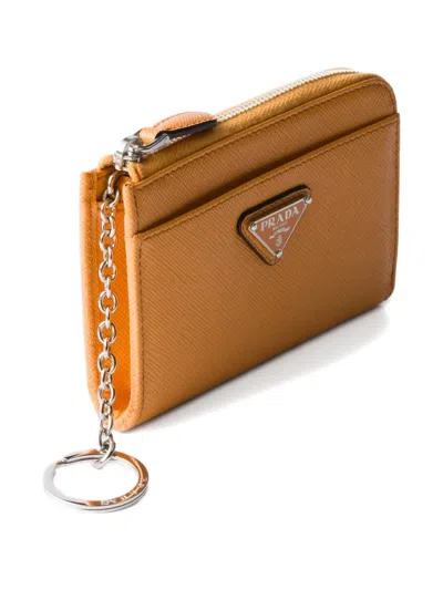 Prada Triangle Logo Leather Key Case In Orange