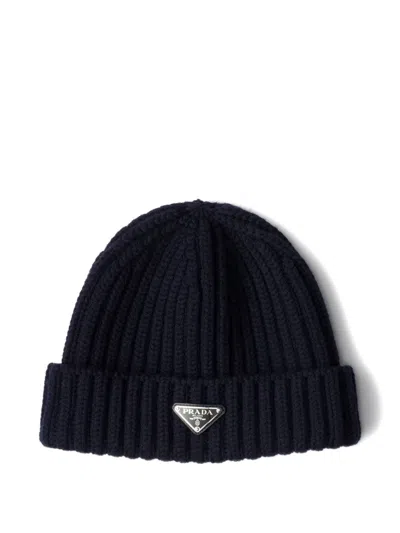 Prada Wool Logo Beanie In Blue
