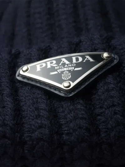 Prada Wool Logo Beanie In Blue