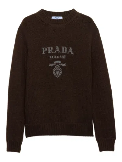 Prada Logo Crew-neck Sweater In Brown