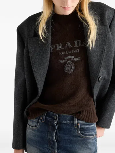 Prada Logo Crew-neck Sweater In Brown