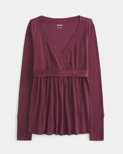 Hollister Easy Long-sleeve Wrap-front Babydoll Top In Brown
