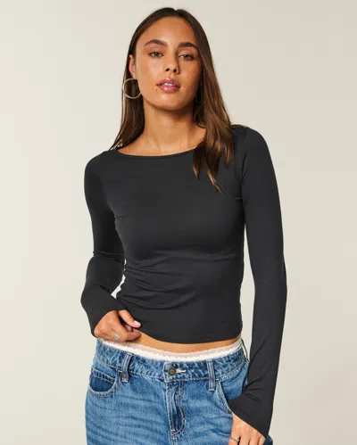 Hollister Long-sleeve Seamless Fabric Slash-neck Top In Black