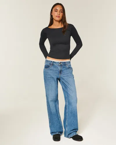 Hollister Long-sleeve Seamless Fabric Slash-neck Top In Black