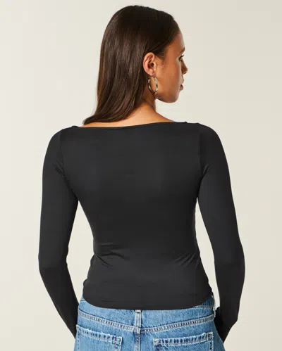 Hollister Long-sleeve Seamless Fabric Slash-neck Top In Black