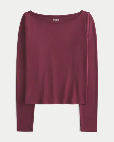 Hollister Long-sleeve Seamless Fabric Slash-neck Top In Brown