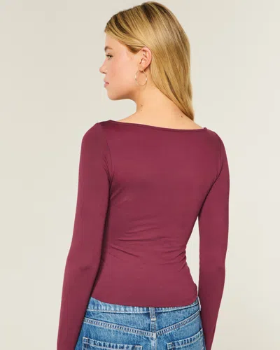 Hollister Long-sleeve Seamless Fabric Slash-neck Top In Brown