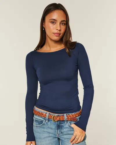 Hollister Long-sleeve Seamless Fabric Slash-neck Top In Blue
