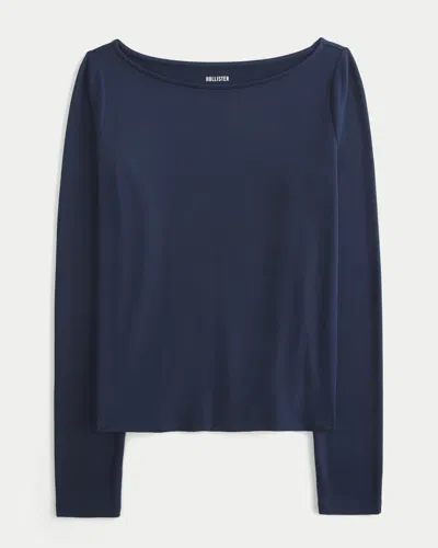 Hollister Long-sleeve Seamless Fabric Slash-neck Top In Blue