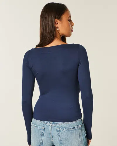 Hollister Long-sleeve Seamless Fabric Slash-neck Top In Blue