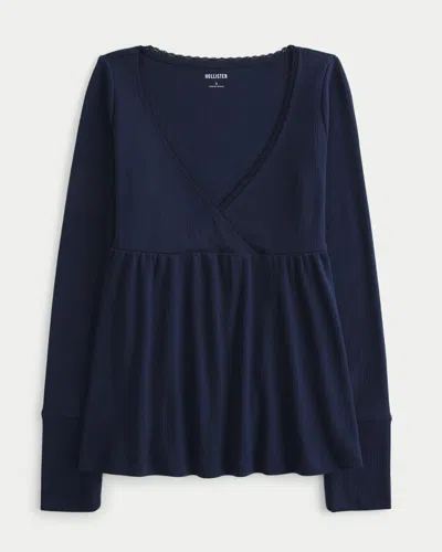 Hollister Easy Long-sleeve Pointelle Babydoll Top In Blue