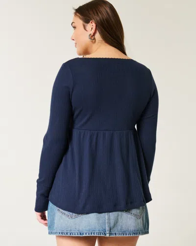 Hollister Easy Long-sleeve Pointelle Babydoll Top In Blue