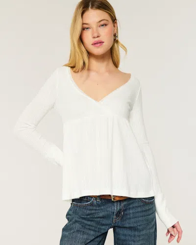 Hollister Easy Long-sleeve Pointelle Babydoll Top In White