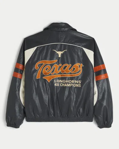 Hollister Faux Leather University Of Texas At Austin Longhorns Graphic Jacket In Black