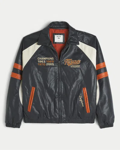 Hollister Faux Leather University Of Texas At Austin Longhorns Graphic Jacket In Black