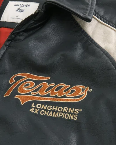 Hollister Faux Leather University Of Texas At Austin Longhorns Graphic Jacket In Black