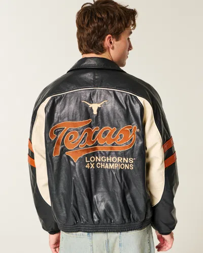 Hollister Faux Leather University Of Texas At Austin Longhorns Graphic Jacket In Black
