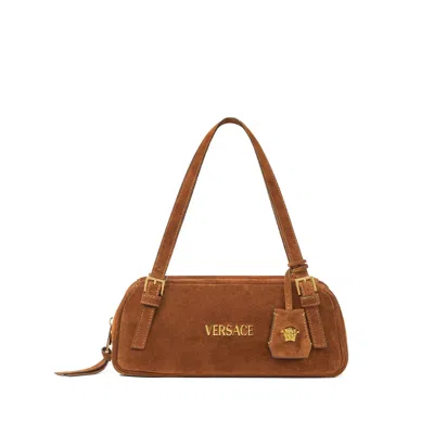 Versace Shoulder Bag Suede Finish Double Handles In Brown