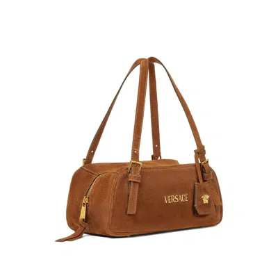 Versace Shoulder Bag Suede Finish Double Handles In Brown